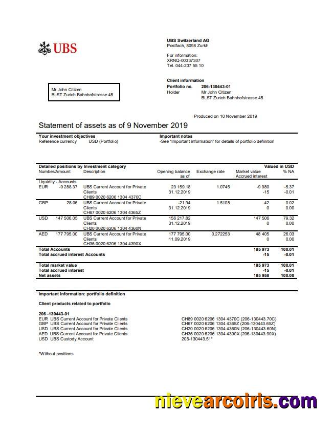 Switzerland UBS bank statement in Word and PDF format, version 2